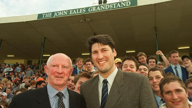 Des Connor and John Eales at the naming of the grandstand at Marist College, Ashgrove, in 2002. 