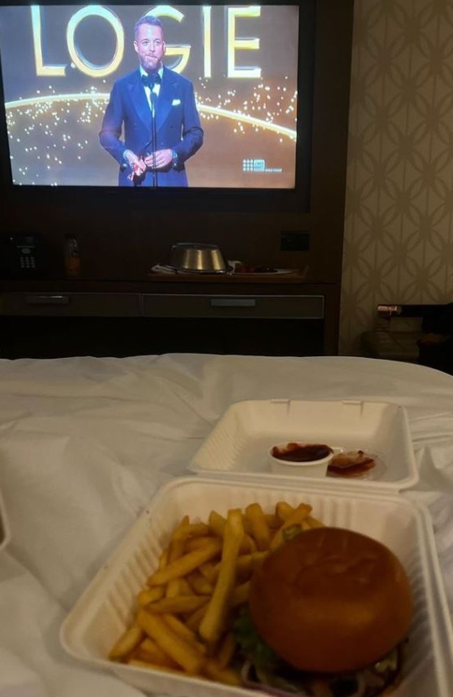 Boney posted this shot of herself in bed with a burger watching Hamish's acceptance speech. Picture: Instagram