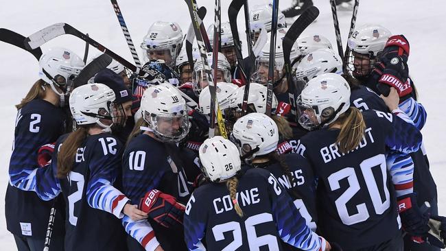 US players celebrate their win over Finland. Picture: AFP.