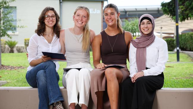 Emma Silvestri, first in French Extension; Ella Fewtrell, first in mathematics Standard 2; Yasmeen Janschek, first in Studies of Religion II; and Yara Natfaji, first in Earth and Environmental Science. Picture: Richard Dobson