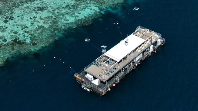 Aerial shot of Cruise Whitsunday pontoon, out at Hardy Reef, Queensland. Picture: Johnny Gaskell