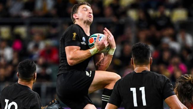 Beauden Barrett takes a high balll. Picture: AFP