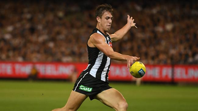 Callum Brown in action for the Magpies against Geelong, Round 1, 2019. (AAP Image/Julian Smith)