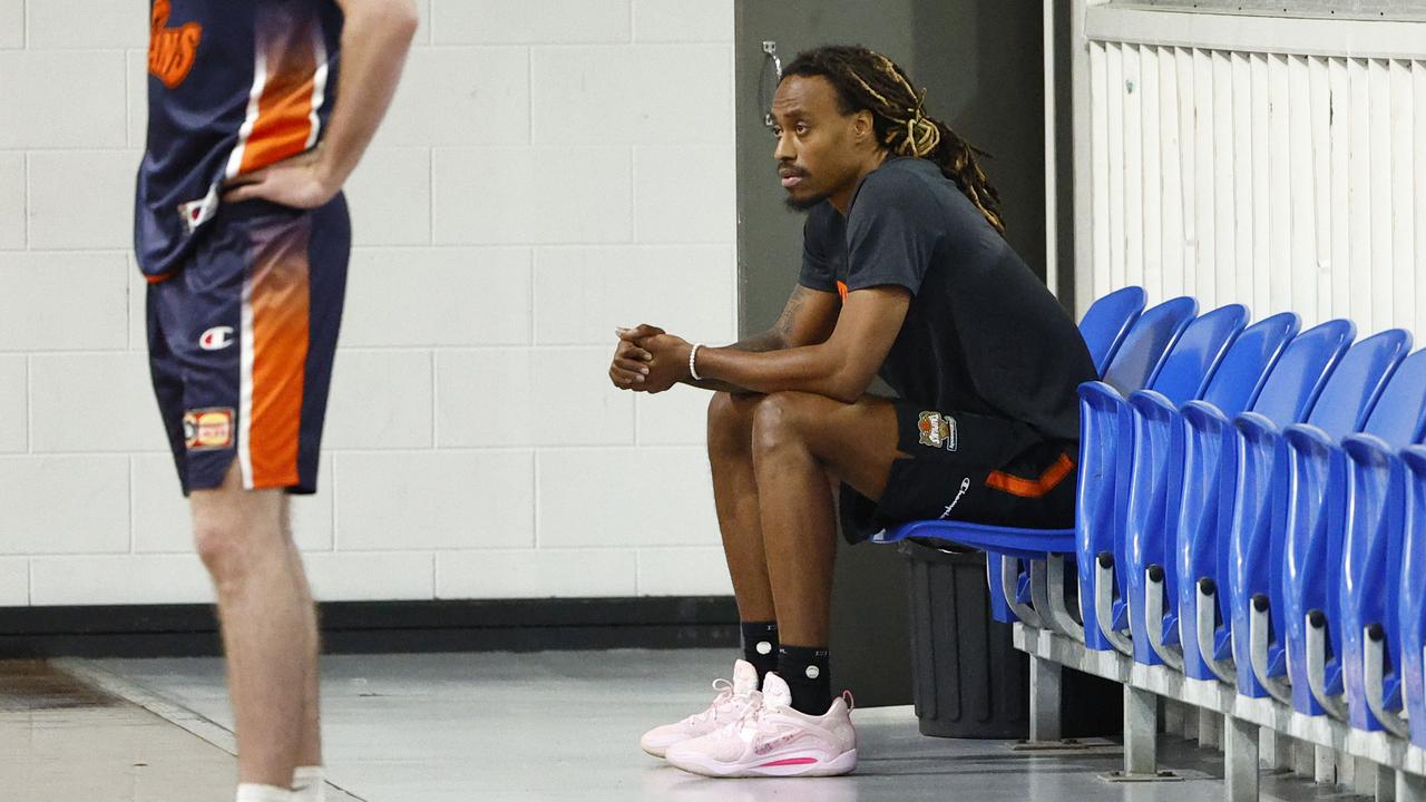 Cairns Taipans import player Tahjere McCall sits out training ahead of the Taipans' first game of the NBL 2023/24 season against the New Zealand Breakers in Auckland. Picture: Brendan Radke