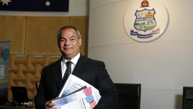 Gold Coast Mayor Tom Tate with the council's budget documents. Picture: JERAD WILLIAMS