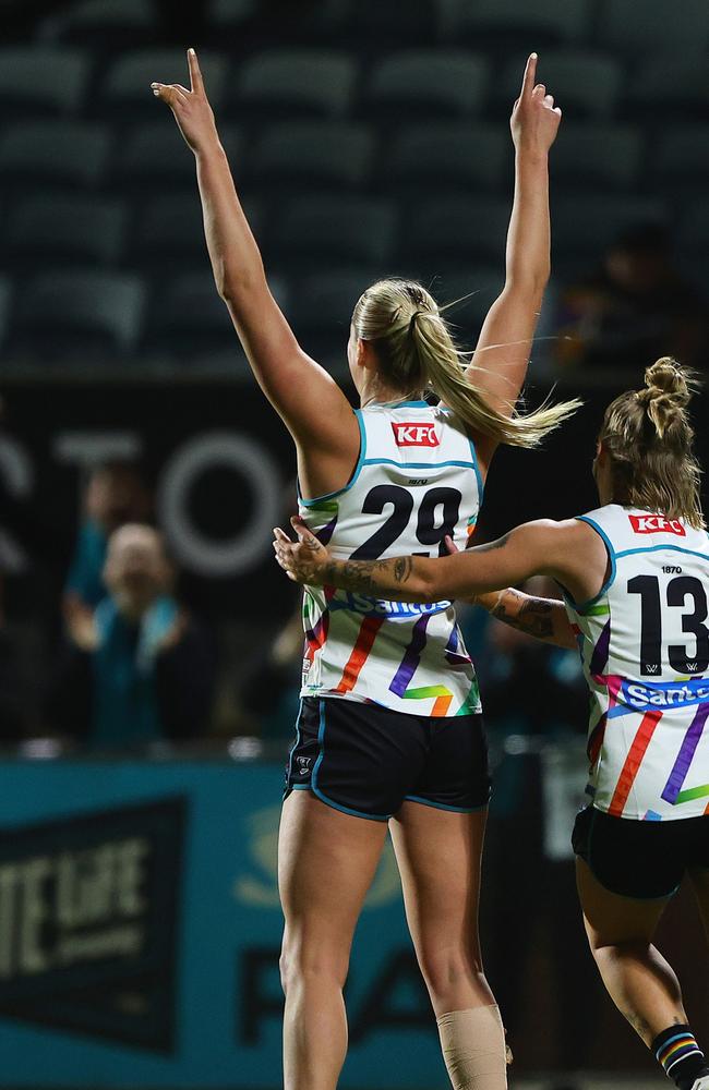 Matilda Scholz celebrates. Picture: Sarah Reed/AFL Photos via Getty Images