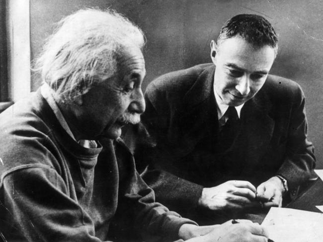 Brilliant minds ... Robert Oppenheimer with fellow nuclear scientist Albert Einstein in 1954.