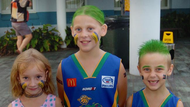 Mikayla Newman, 6yrs with Katrina, 9yrs and Mark Dawson 7yrs at the Crocs V The Hawks at the Swamp Picture: Bryan Lynch gt366015