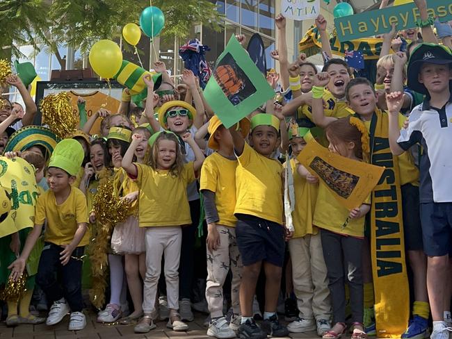 Emmanuel College students on the Gold Coast get excited and cheer on alumni Hayley Raso, now a key member of the Matildas. Pictures: Grace Hamilton.