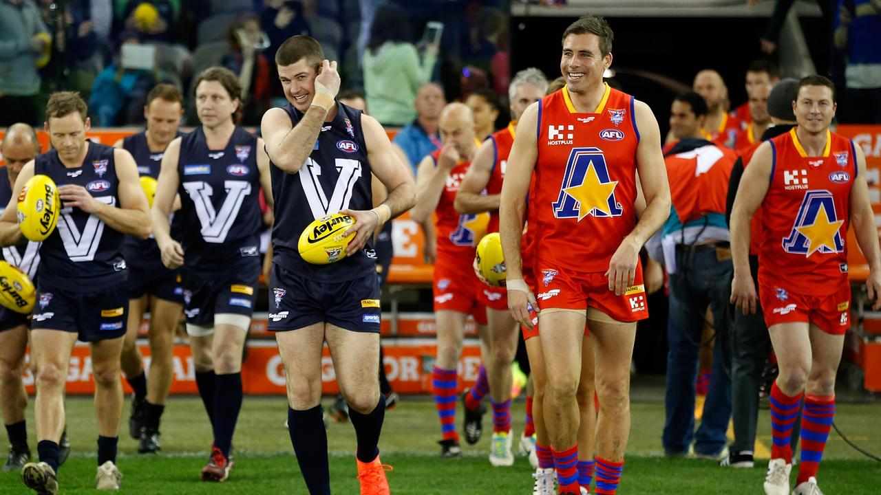 Jonathan Brown and Matthew Richardson ahead of the 2016 EJ Whitten Legends Game. Picture: Michael Willson