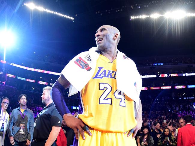 Kobe Bryant #24 of the Los Angeles Lakers celebrates after scoring 60 points in his final NBA game at Staples Center on April 13, 2016 in Los Angeles, California. Picture: Getty