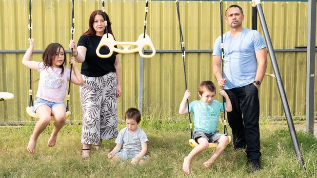 L-R Emily (7), Ellen, Leo (5), Max (5) and Charles Mitchell. Max, one of Ellen's children has had to wait over a year for an assessment at the Women's and Children's Hospital. Picture: Tim Joy