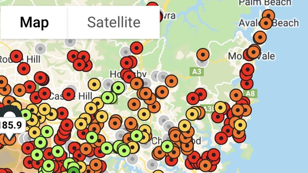 Petrol prices in Sydney are rising above $1.80 a litre, noted in red.