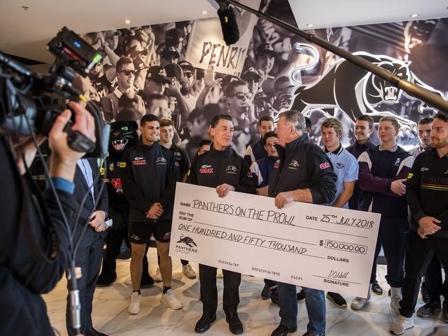 Penrith Panthers Leagues hands over a cheque for $150,000 to Panthers on the Prowl on DoSomething Day. Pictures: Penrith Panthers.