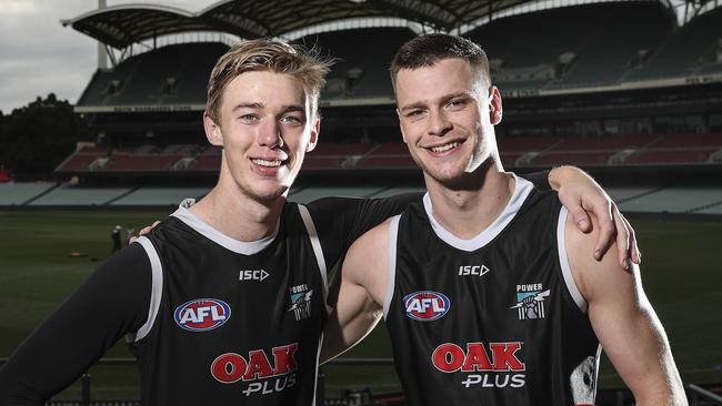 Port Adelaide’s Todd Marshall and Peter Ladhams after signing new deals on Wednesday. Picture: Sarah Reed