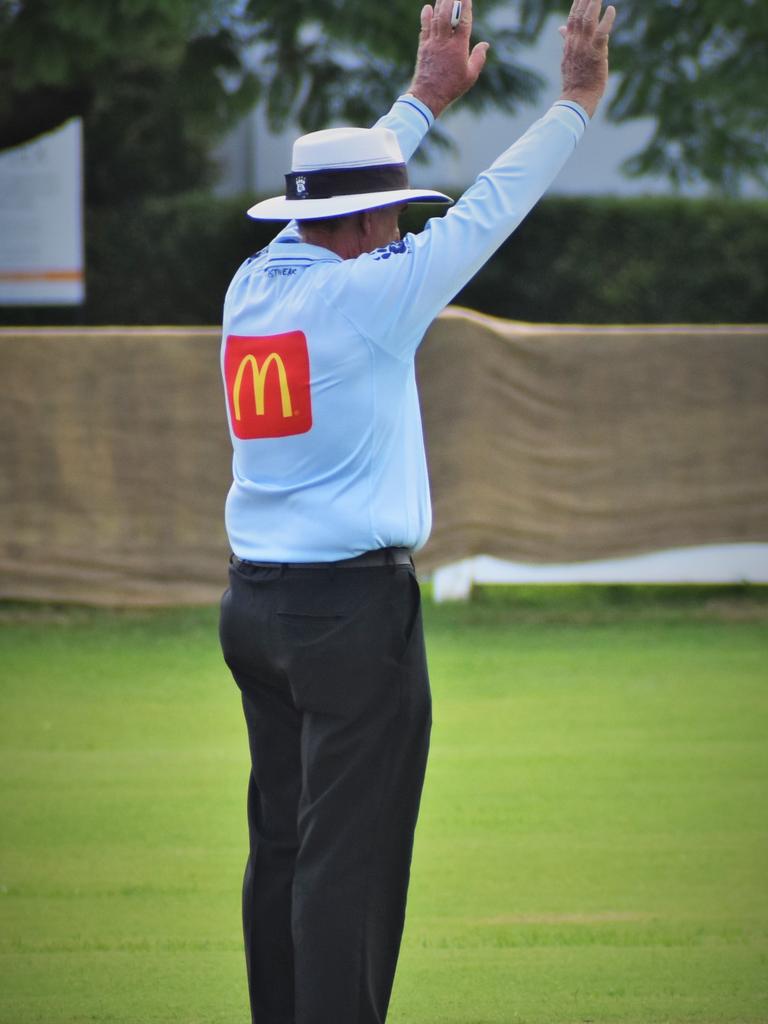 Umpire Bruce Baxter signals one of Ulmarra Hotel Tucabia Copmanhurst Bob McKenzie's three 6s during the CRCA GDSC Premier League preliminary final against GDSC Easts-Westlawn Crown Hotel at Ellem Oval on Saturday, 20th March, 2021.