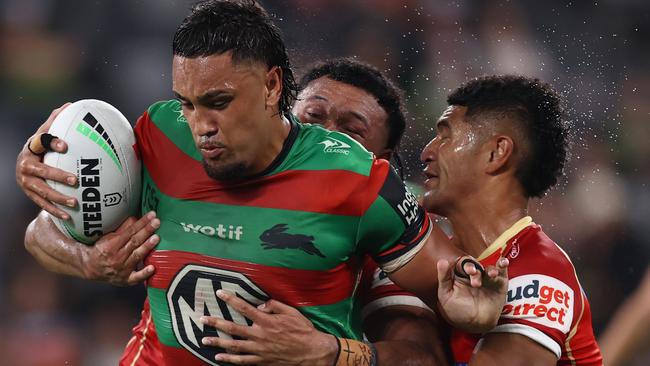 SYDNEY, AUSTRALIA - MARCH 07: KeaonÃÂ Koloamatangi of the Rabbitohs is tackled during the round one NRL match between Dolphins and South Sydney Rabbitohs at CommBank Stadium on March 07, 2025 in Sydney, Australia. (Photo by Jason McCawley/Getty Images)