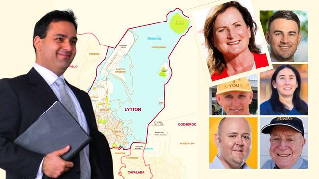 George Droutsas, left, a former mayor from Victoria, is organising the election campaign for Lytton MP Joan Pease, top; with Lytton candidates clockwise, LNP’s Chad Gardiner; the Greens Jade Whitla; Family First’s Jim Vote; One Nation’s David White and Independent and ex-porn star Craig Moore.