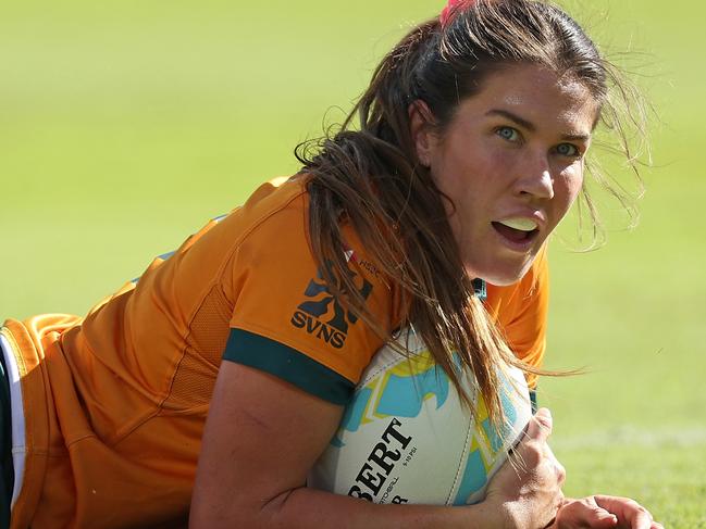 PERTH, AUSTRALIA - JANUARY 27: Charlotte Caslick of Australia looks on after crossing for a try during the 2024 Perth SVNS women's match between New Zealand and Australia at HBF Park on January 27, 2024 in Perth, Australia. (Photo by Paul Kane/Getty Images)