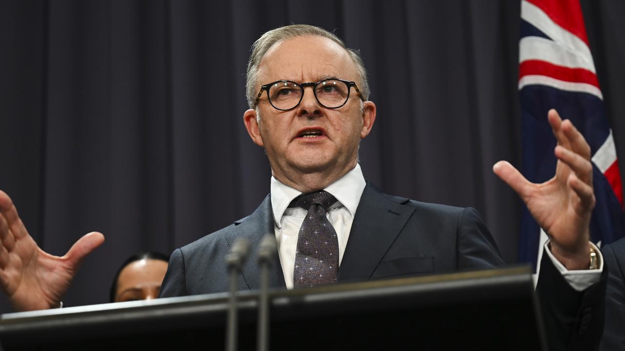 Mr Albanese holds a press conference after the government’s Constitution Alteration Bill passed in the Senate on Monday. Picture: NCA NewsWire / Martin Ollman