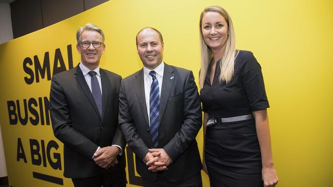 CCIQ chief executive Stephen Tait, federal Treasurer Josh Frydenberg and CCIQ general manager of policy and advocacy Amanda Rohan.