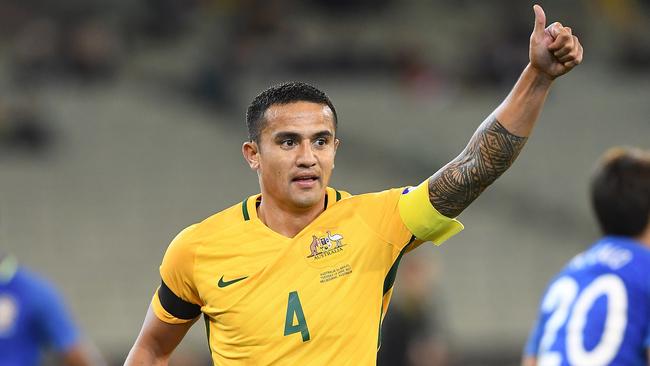 Socceroos great Tim Cahill in action against Brazil on Tuesday night.