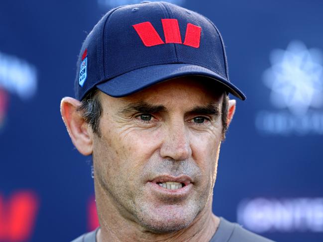 SYDNEY, AUSTRALIA - JULY 11: Blues coach, Brad Fittler speaks to the media during the New South Wales Blues State of Origin captain's run at NSWRL Centre of Excellence on July 11, 2023 in Sydney, Australia. (Photo by Brendon Thorne/Getty Images)