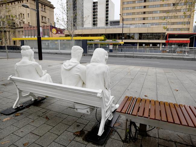 An installation for the Illuminate Adelaide Festival on North Terrace. Thursday, July 22. Picture: NCA NewsWire / Naomi Jellicoe