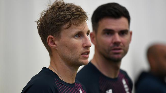 Joe Root and James Anderson an England nets session at Edgbaston on Tuesday. Picture: Getty Images