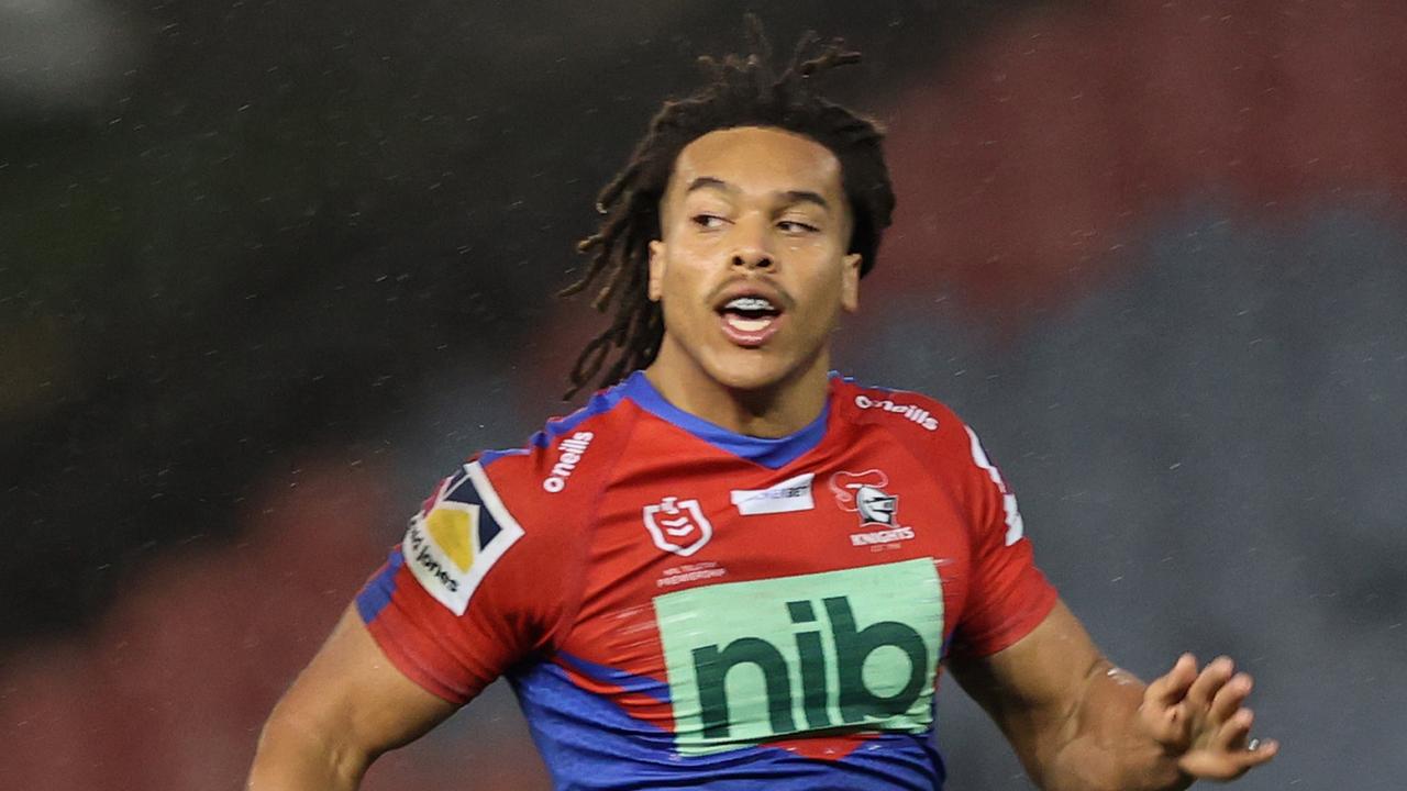 NEWCASTLE, AUSTRALIA - JULY 01: Dominic Young of the Knights runs in for a try during the round 16 NRL match between the Newcastle Knights and the Gold Coast Titans at McDonald Jones Stadium, on July 01, 2022, in Newcastle, Australia. (Photo by Ashley Feder/Getty Images)