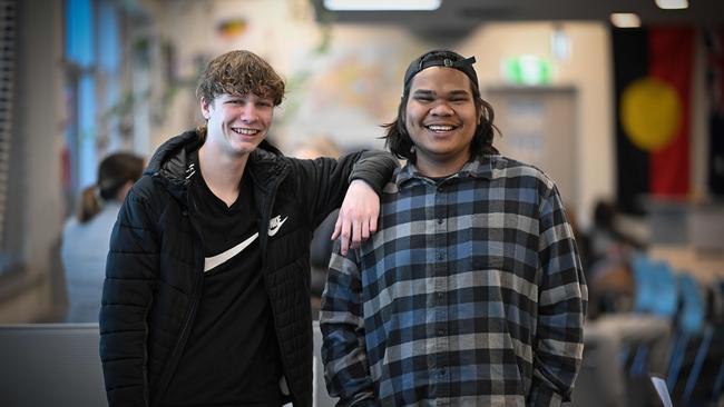 From left, Braith, 17, and Tariq, 16, at the Coorparoo QPSC campus in Brisbane. Picture: Lyndon Mechielsen