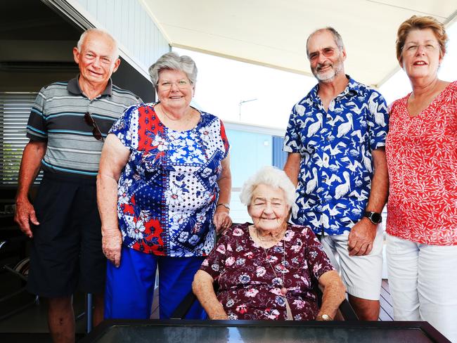 Joyce Bews (centre) celebrates her 100th birthday on January 2 with her family Peter and Lynne Whiteoak and Greg and Pam Bews at Tweed Holiday Parks North Kingscliff where she has spent each Christmas for the past 20 years.