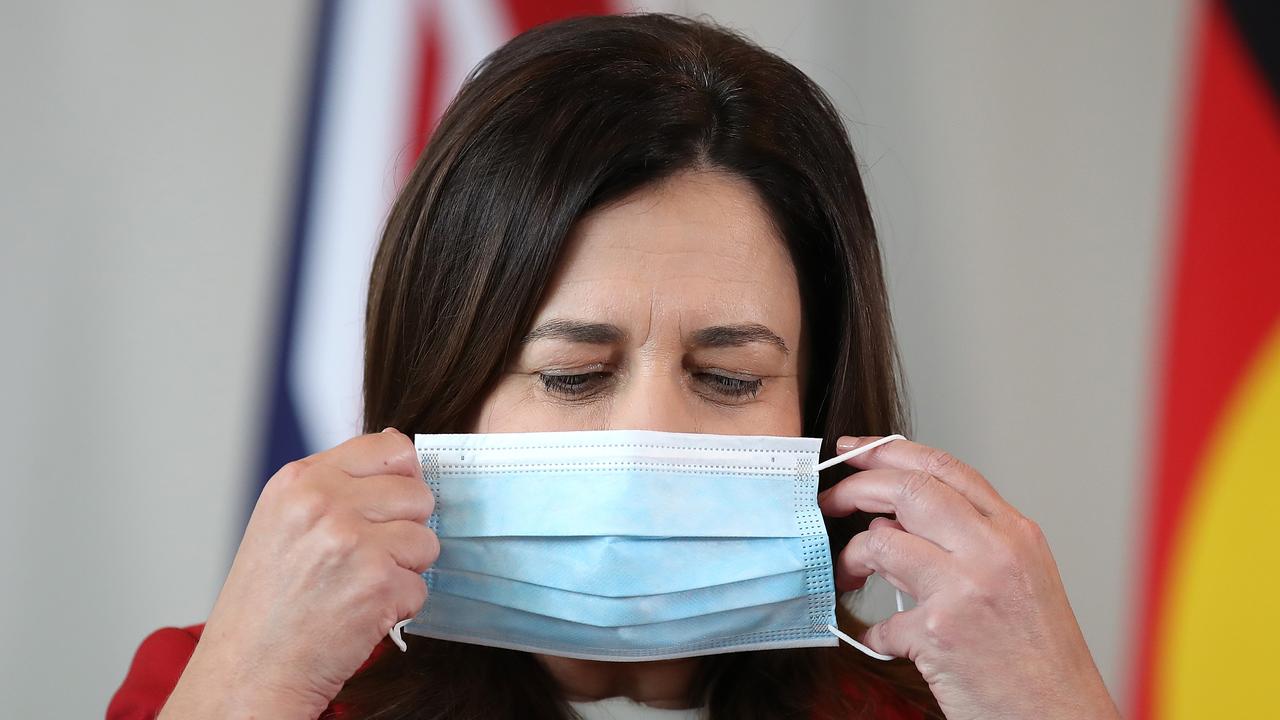 Premier Annastacia Palaszczuk wearing a mask during a COVID press conference. Picture: NCA NewsWire/Jono Searle