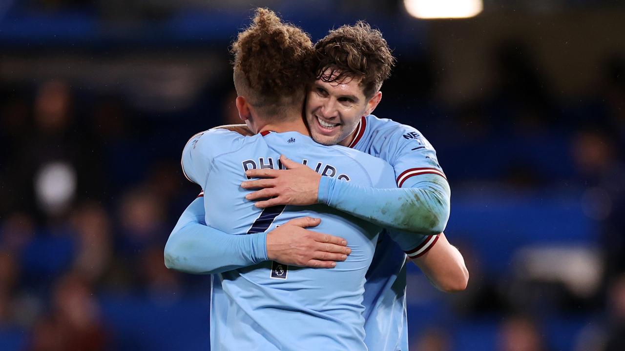 Manchester City celebrate a crucial three points. (Photo by Ryan Pierse/Getty Images)