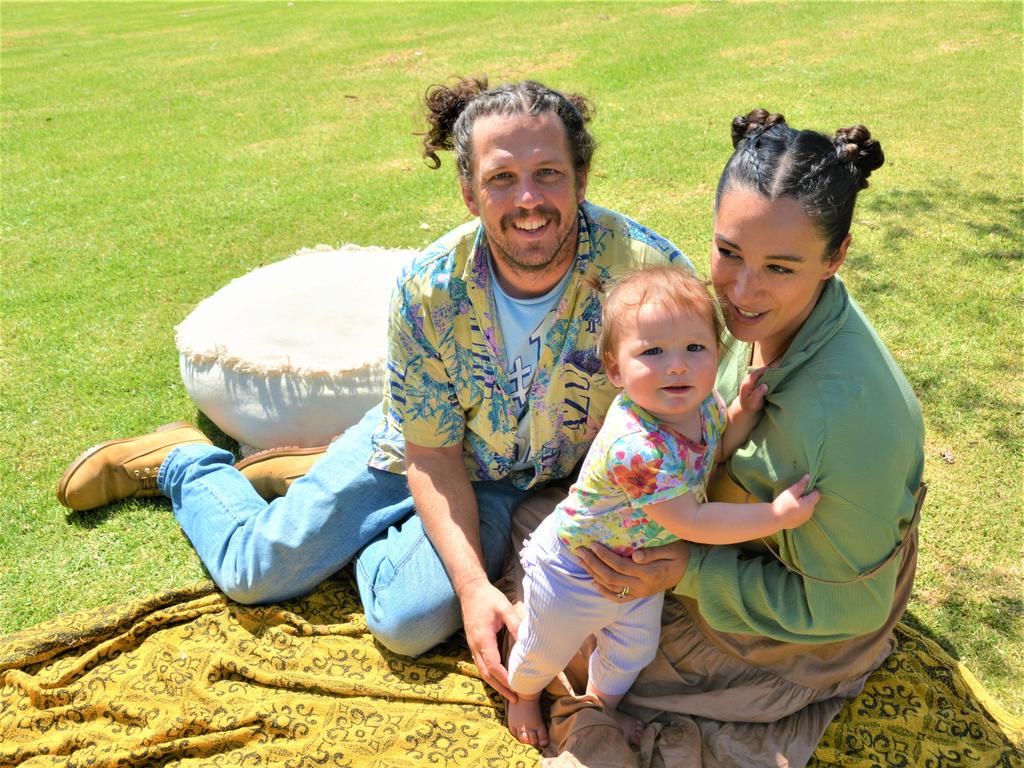 At the 2023 Grand Central Floral Parade are the Mullen family (back from left) Matt, Miki and Mini (front). Picture: Rhylea Millar