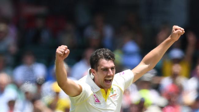 Australia's Pat Cummins celebrates the wicket of England's Mark Stoneman, caught behind for 24. Picture: AAP