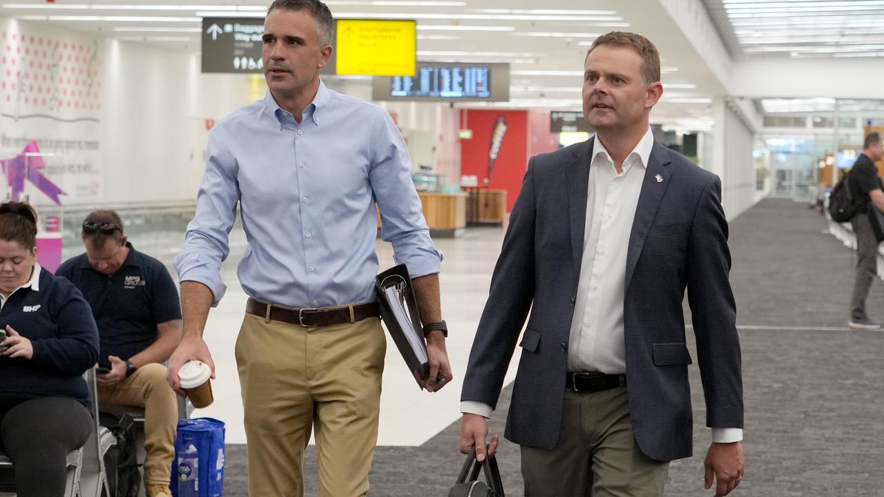 SA Premier Peter Malinauskas and Treasurer Stephen Mullighan on an early morning flight to Whyalla. Picture: NewsWire / Dean Martin