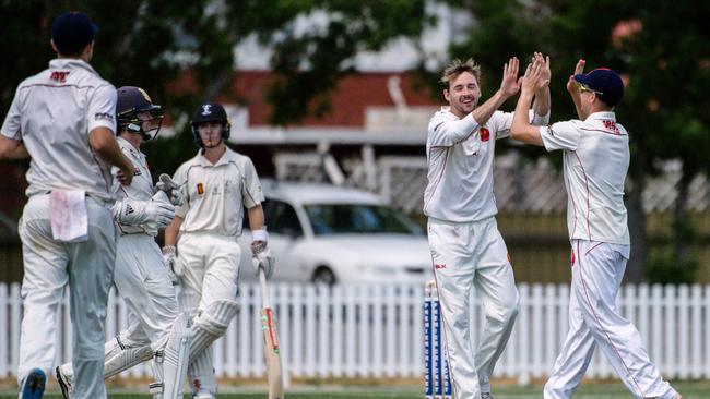 East Torrens’ Michael Cranmer celebrates after bowling Shane Chatto out on Saturday. Cranmer had a top performance in both innings. Picture: AAP/Morgan Sette