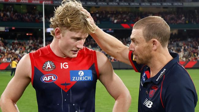 MELBOURNE, AUSTRALIA - APRIL 24: Jacob van Rooyen of the Demons and Simon Goodwin, Senior Coach of the Demons celebrate during the 2023 AFL Round 06 match between the Melbourne Demons and the Richmond Tigers at the Melbourne Cricket Ground on April 24, 2023 in Melbourne, Australia. (Photo by Michael Willson/AFL Photos via Getty Images)