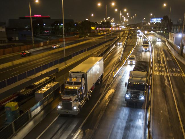 Traffic on the West Gate Freeway in the early hours.