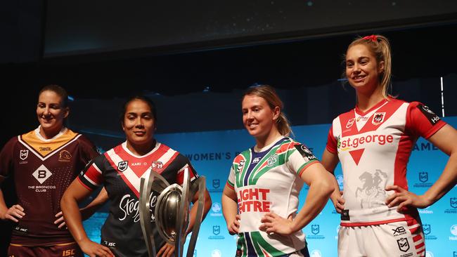 Ali Brigginshaw of the Brisbane Broncos, Simaima Taufa of the Sydney Roosters, Georgia Hale of the New Zealand Warriors and Kezie Apps of St George-Illawarra Dragons at the season launch.