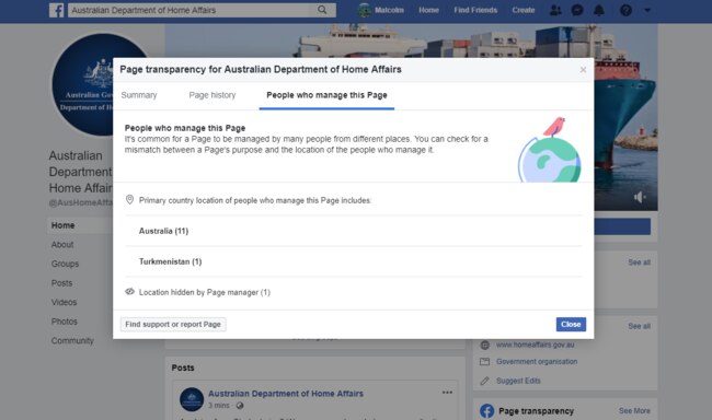 The transparency summary said the Department of Home Affairs' Facebook page was being managed by someone in Turkmenistan.