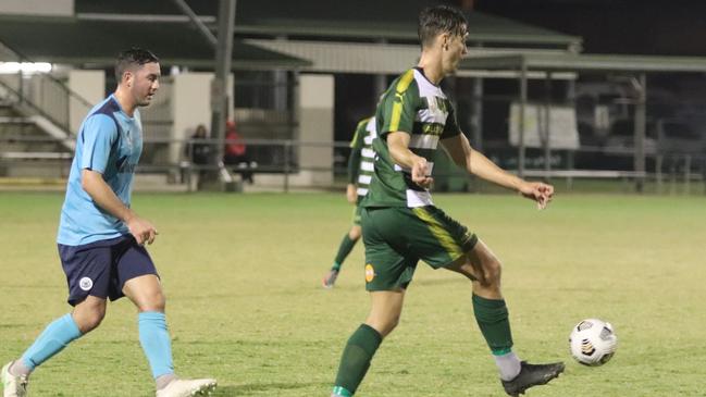 Versatile Western Pride player Mikhail Hastings takes the ball forward in the recent Football Queensland Premier League 1 match against Rochedale at the Briggs Road Sporting Complex. Picture: Christina Moran