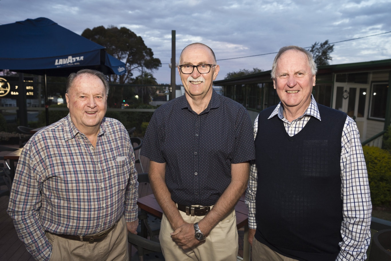 Enjoying a good night are (from left) Ray Pendrigh, David Stewart and Ray Hawkins at the Darling Downs School Sport 40th anniversary dinner at Urban Grounds Cafe, Friday, March 1, 2019. Picture: Kevin Farmer