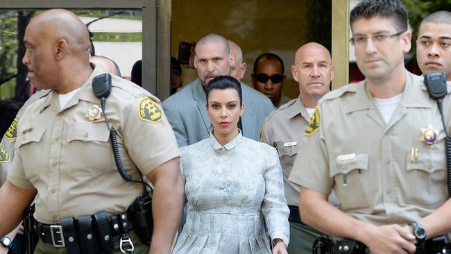 Kim Kardashian surrounded by Los Angeles County Sheriff Deputies leaves the Stanley Mosk Courthouse after attending her divorce hearing from Kris Humphries. Picture: Kevork Djansezian/Getty Images