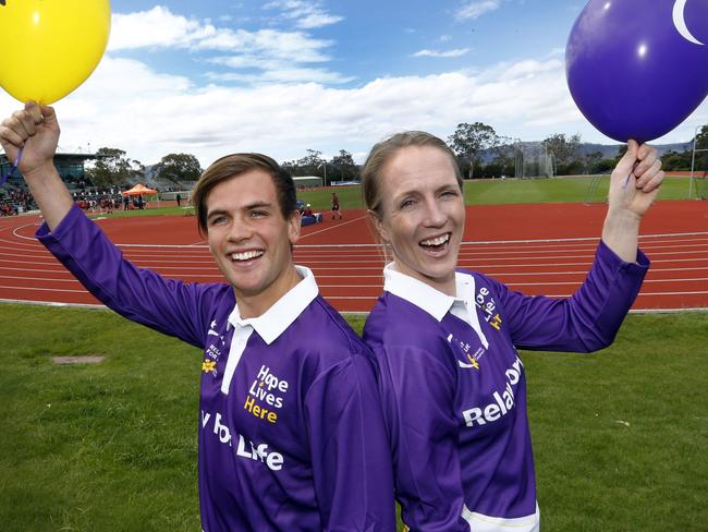 Relay for Life Launch at the Hobart athletics track, picture of from left, Deon kenzie Ambassador for the NW coast, and Kerry Hore ambassador for the Derwent valley.