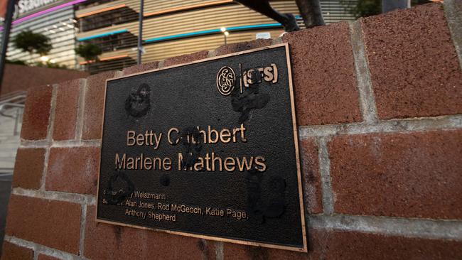 The ruined Betty Cuthbert and Marlene Matthew plaque. Picture: Julian Andrews