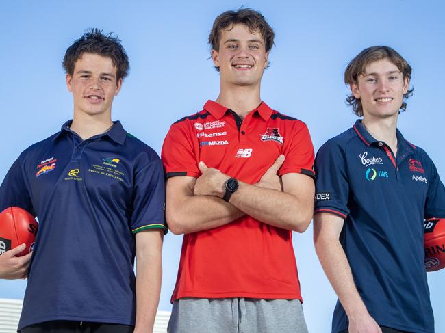 ADELAIDE, AUSTRALIA - Advertiser Photos NOVEMBER 24, 2022: SA's top 3 AFL draft hopefuls - Woodville-West Torrens' Mattaes Phillipou, West Adelaide's Harry Barnett and Norwood's Max Michalanney together at Adelaide Oval. Picture Emma Brasier