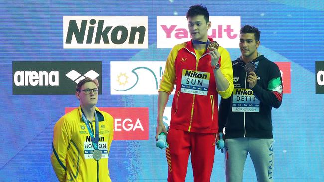 Horton’s famous protest against drug use in elite sport at the 2019 FINA World Championships. Picture: Getty Images