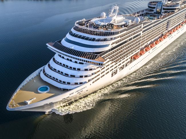 Skeppsdal, Stockholm, Sweden - July, 17th 2018: MSC Preziosa Cruiser Ship passing by in the Stockholm Swedish archipelago.